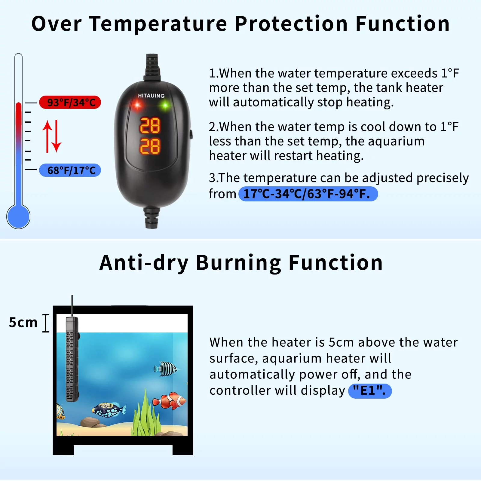 Tawatiler Aquarium Heater, 50W/100W/200W/300W/500W Submersible Fish Tank Heater with Over-Temperature Protection and Automatic Power-Off When Leaving Water for Saltwater and Freshwater