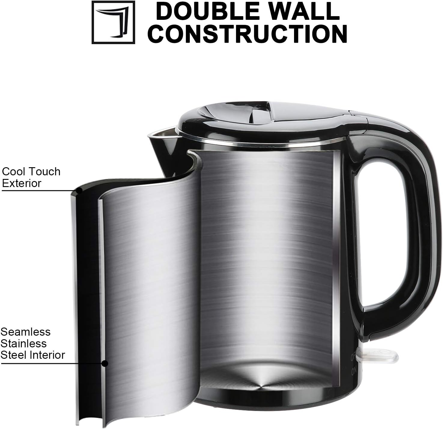 Secura Stainless Steel Double Wall Electric Kettle Water Heater for Tea Coffee w/Auto Shut-Off and Boil-Dry Protection, 1.0L (Black)