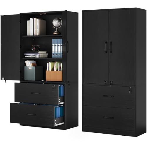 YITAHOME Wood File Cabinets, Heavy Duty Garage Tool Cabinets with Doors & Adjustable Shelves, Big Storage Filing Lockers for Home Office, Living Room, Pantry, Gym, Basement, Warehouse, Black
