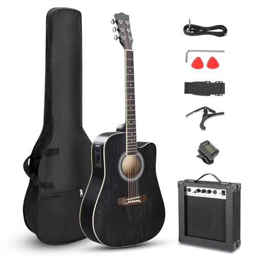 Ktaxon Full-Size Acoustic Electric Guitar with Amp, 41 Inch Basswood Body Guitars Kit for Beginner & Intermediate W/Bag, Strap, and Capo All Accessories Included (Black)