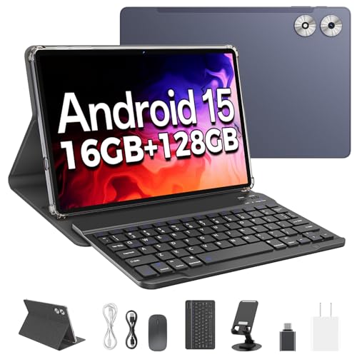 2025 Android 15 Tablet with Keyboard, 16GB+128GB 11 Inch Octa-Core 2-in-1 Tablets Dual Camera 5+13 MP, 5G/2.4G WiFi, 8000mAh, BT5.0, GMS Certified, with Mouse, Case, Stylus, (Gray)