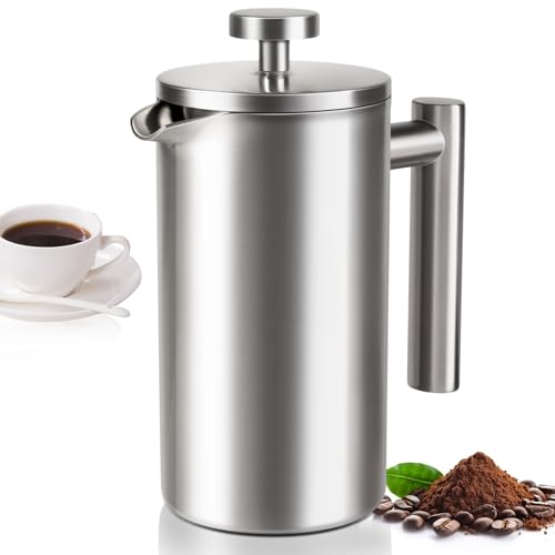 12 OZ French Press Coffee Maker, Sturdy Insulated Full Stainless Steel Coffee Press, Mini Small Camping French Presses Maker, 1-2 Cup Teapot for Kitchen Travel Elegant Silver 350ml