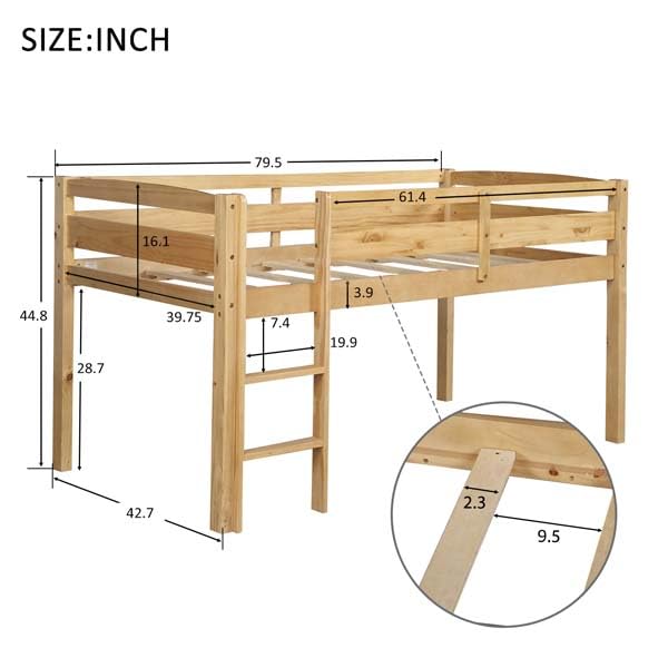 Twin Size Plywood Low Loft Beds Frame with Ladder, Vintage Loft Beds with Fence/Strong Wooden Slat Support Stabilize and Under Bed Storage Space for Bedroom Apartment Boys Girls Adult (White)
