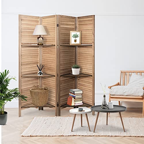 Babion Room Divider with Shelves, 4 Panels Room Dividers and Folding Privacy Screens, Folding Room Screens, Freestanding Portable Wall Divider, Wood Dividers with Display Shelves, Brown