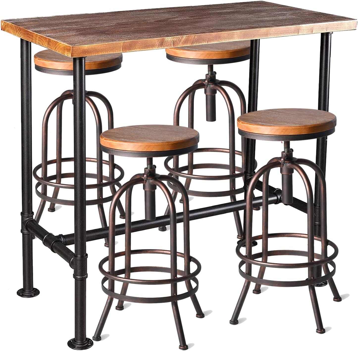 Industrial Pipe Design Bar Table(41.3inch H) and Set of 4 Vintage Bar Stools 26-32inch Height Adjustable Home Kitchen Bar Set for Office Coffee House Pub