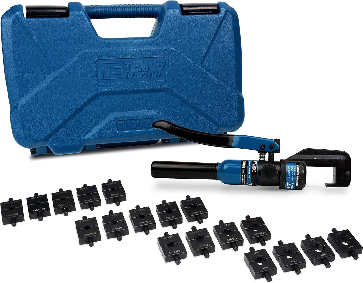 TEMCo TH0006 Hydraulic Electrical Cable Lug / Terminal Crimper Kit with 18 Die Sets 12 AWG - 00 (2/0) (5 US TON )
