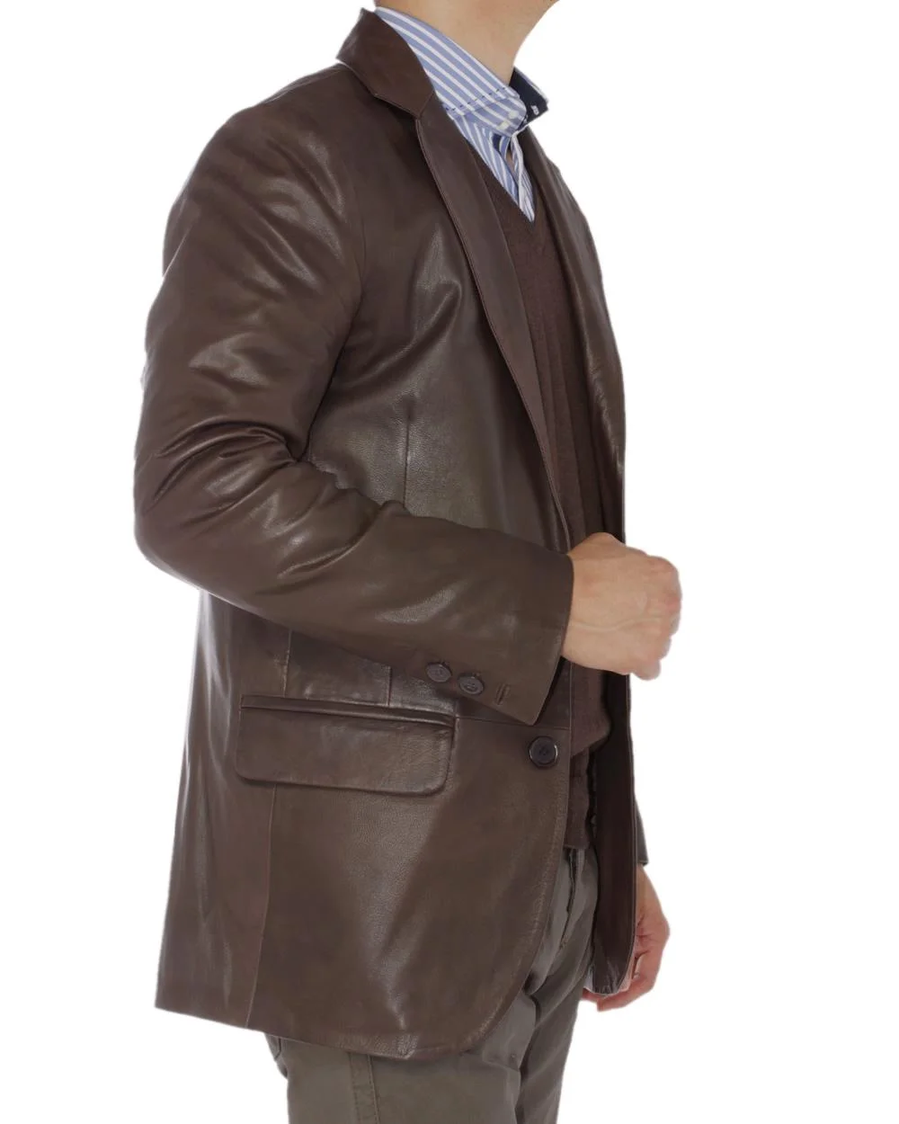 LN LUCIANO NATAZZI Men's Lambskin Leather Blazer Two Button Modern Fit Jacket Brown