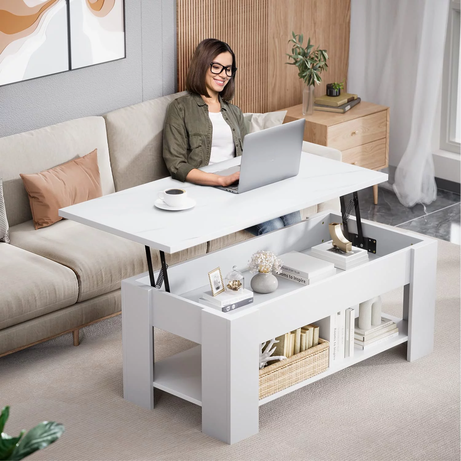 Lift Top Coffee Table Desk with Storage Compartment and Separated Open Shelves, Pop Up Coffee Table for Living Room, 39.4 inch, White Marble