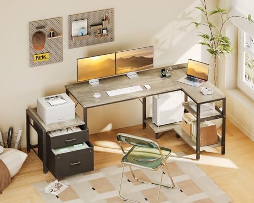 Casaottima L Shaped Desk with Drawers & File Cabinet, 55 Inch Computer Desk with Storage Shelves & CPU Stand, Corner Desk with Power Outlets, Reversible L Desk for Home Office, Rustic Brown