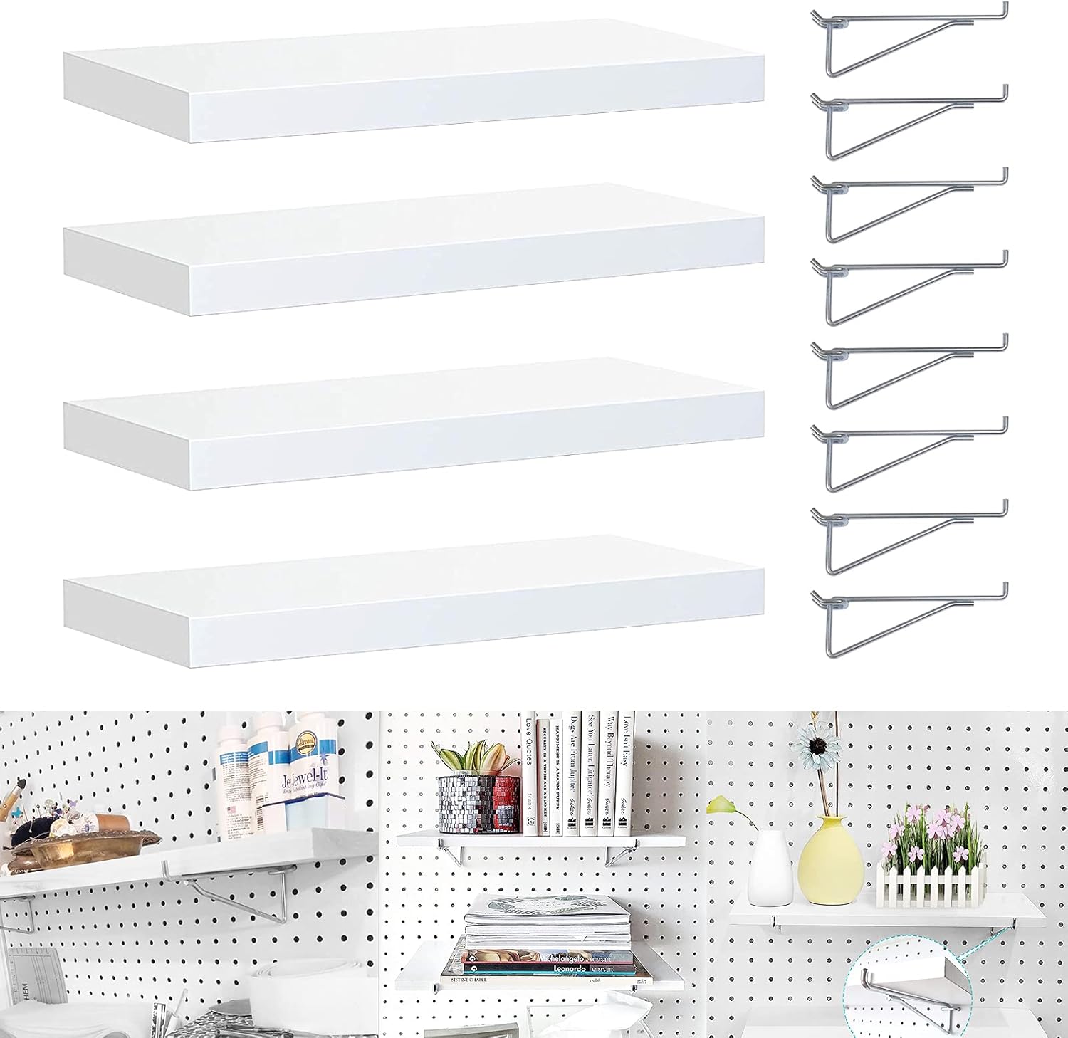 Pegboard Shelf Set, Pegboard Shelves with Steel Pegboard Brackets Pegboard Hooks, White Stain-Resistant Peg Board Organizer Shelves -Pegboard Accessories for Home,Garage,Nursery Pack of 2