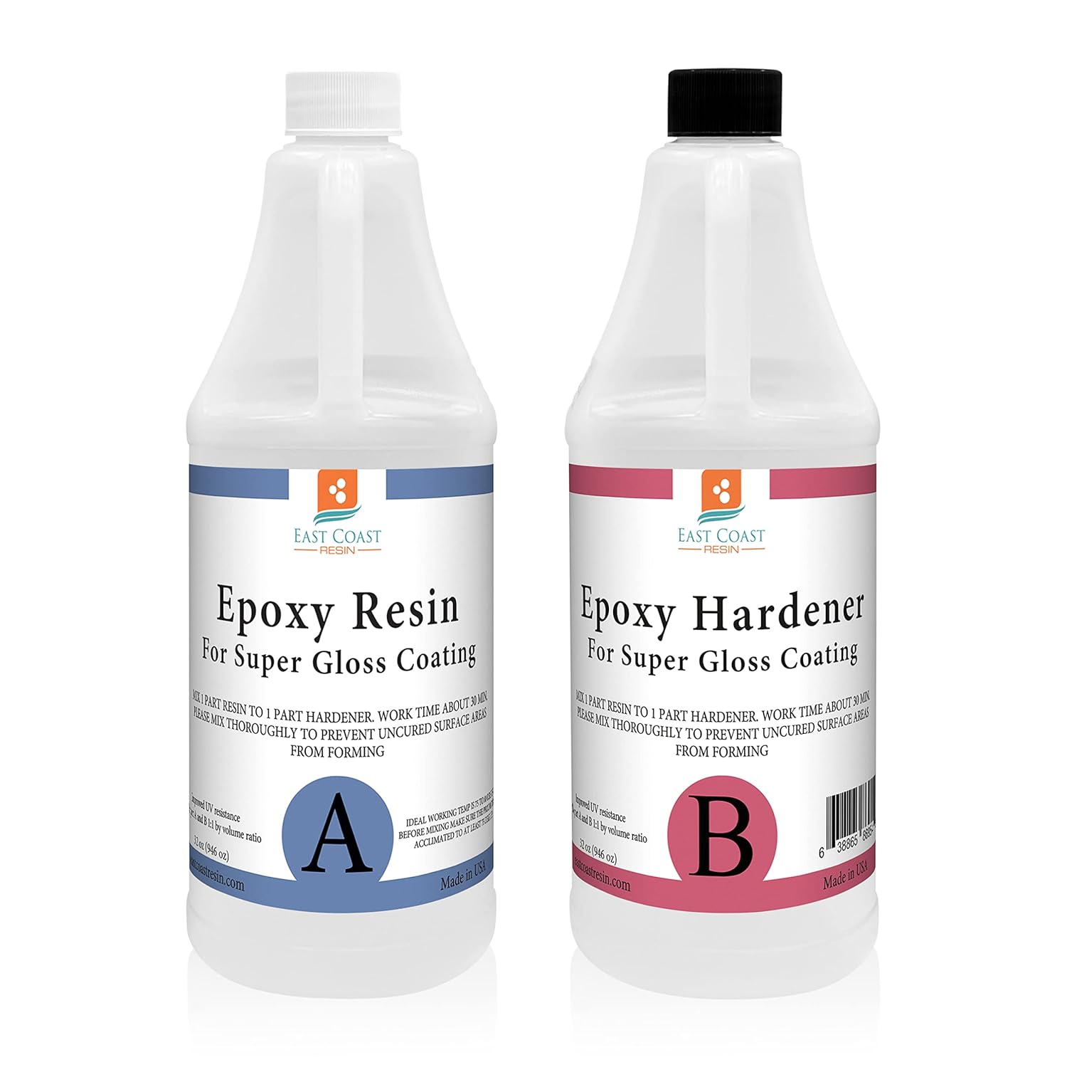 Epoxy Resin 64 Oz Kit | 1:1 Crystal Clear Resin and Hardener for Super Gloss Coating | for Bars, Tabletop, Art, Jewelry, Casting Molds | Safe for Use on Wood, Metal, Stone, Plastic, Marine Sealer