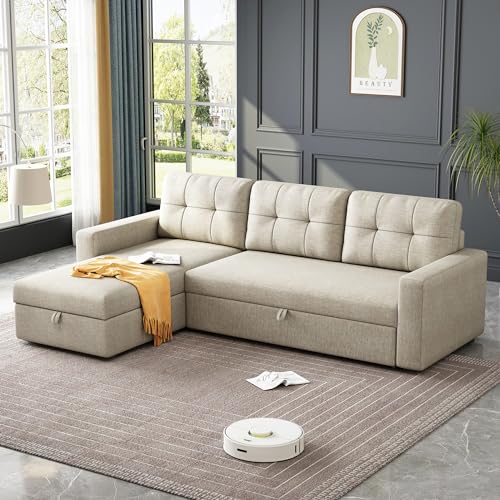 81.5'' L-Shape Sleeper Sectional Sofa with Storage Chaise and Pull-Out Bed, Living Room Convertible Couch Bed,W/ 3 Back Cushions & Breathable fabric,for Apartment,Office,(Beige)
