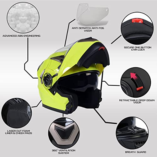Milwaukee Helmets MPH9809DOT Ionized Neon Yellow Advanced Motorcycle Modular Helmet Biker w/Drop Down Visor - X-Large