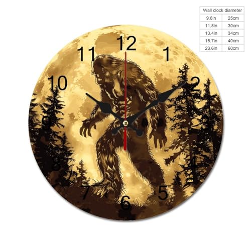 Bigfoot Sasquatch Golden Moon Wall Clock Silent Non-Ticking Round Wooden Clock Battery Operated Decoration for Home Living Room Office, 40*40cm