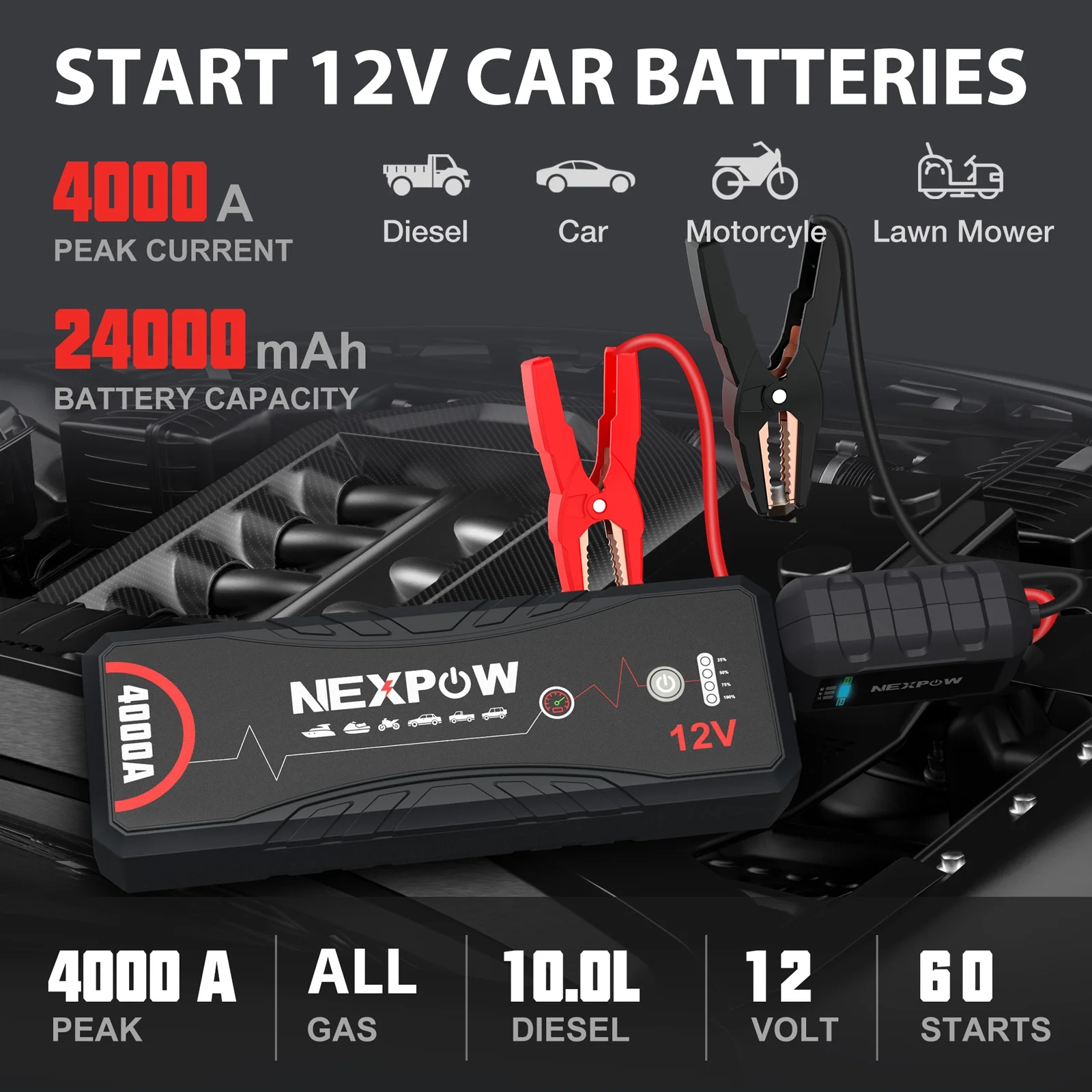 NEXPOW Battery Jump Starter, 4000A Peak 24000mAh Jump Starter (for All Gas and 10.0L Diesel Engines), 12V Portable Jump Box Battery Booster Power Pack with LED Light
