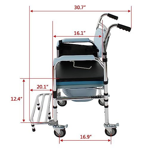 4-in-1 Bedside Commode Chair, Shower Wheelchair Portable Toilet Rolling Transport Chair with Arms & 4 Brakes,Portable Toilet for Adults, Senior, Handicap,Elderly and Disabled,Weight Capacity 300lbs