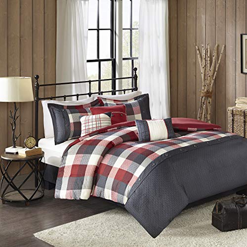 Madison Park Ridge Comforter Set - Cabin Lodge Plaid Herringbone Design, All Season Down Alternative Cozy Bedding with Matching Bedskirt, Shams, Decorative Pillow, Red King(104