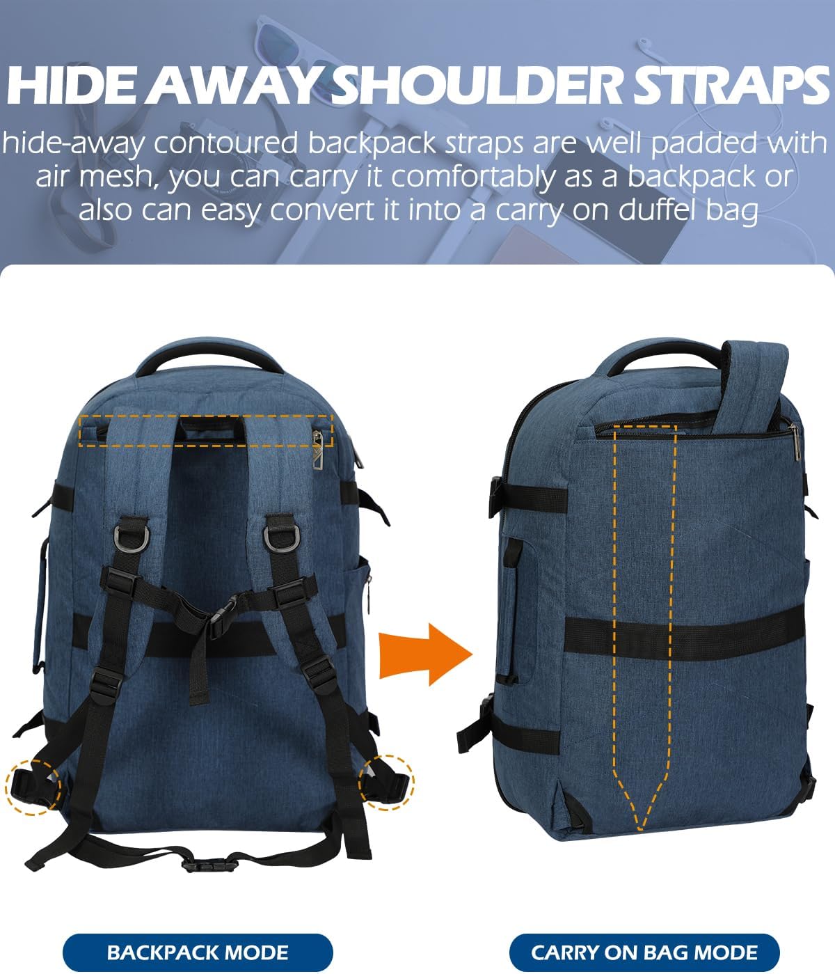 Hynes Eagle Travel Backpack 40L Flight Approved Carry on Backpack Men Large Cabin Weekender Laptop Backpack Women 15.6 inches Blue with Grey