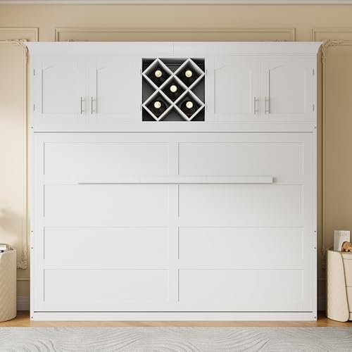 Merax Queen Size Murphy Wall Bed, with Top Cabinets & Wine Rack Space-Saving Foldable Ideal for Guest Rooms, Home Offices, Small Apartments, White