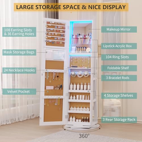 Vlsrka 360° Swivel Jewelry Cabinet with Lights, Jewelry Armoire with Full Length Mirror, Large Jewelry Armoire Organizer, Lockable Free Standing Mirror with Storage, Rear Storage Shelves, Black