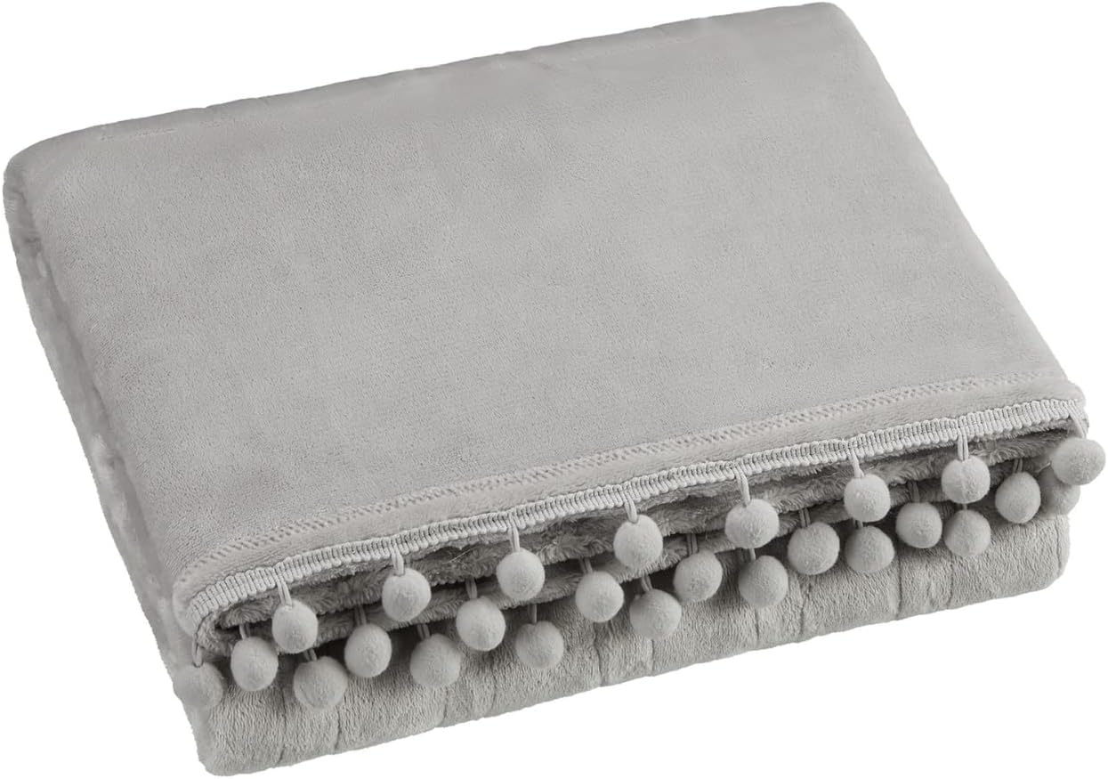 Brookstone Home Decor - Soft Plush Electric Heated Throw - Built-In Remote with 4 Heat Settings & Auto Shut Off Machine Washable - For Women & Men Fashion Pom Poms Living Room Boho Decor (Soft Silver)