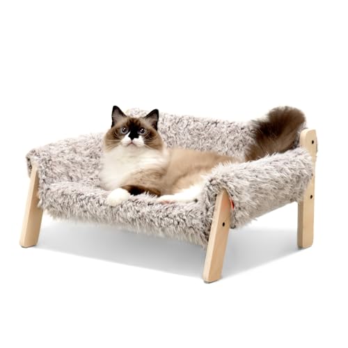 MEWOOFUN Cat Couch Bed, Pet Sofa for Indoor Cats Wooden Indoor Pet Furniture Elevated Cat Beds with Removable Mattress Cover Suitable for Kitty, Puppy or Small Animal (Plush Beige)