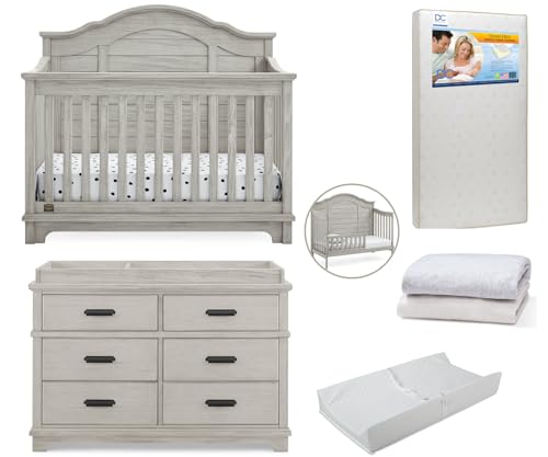 Delta Children Asher Crib 7-Piece Baby Nursery Furniture Set–Includes: Convertible Crib, Dresser, Changing Top, Crib Mattress, Sheets, Toddler Guardrail & Changing Pad, Rustic Mist