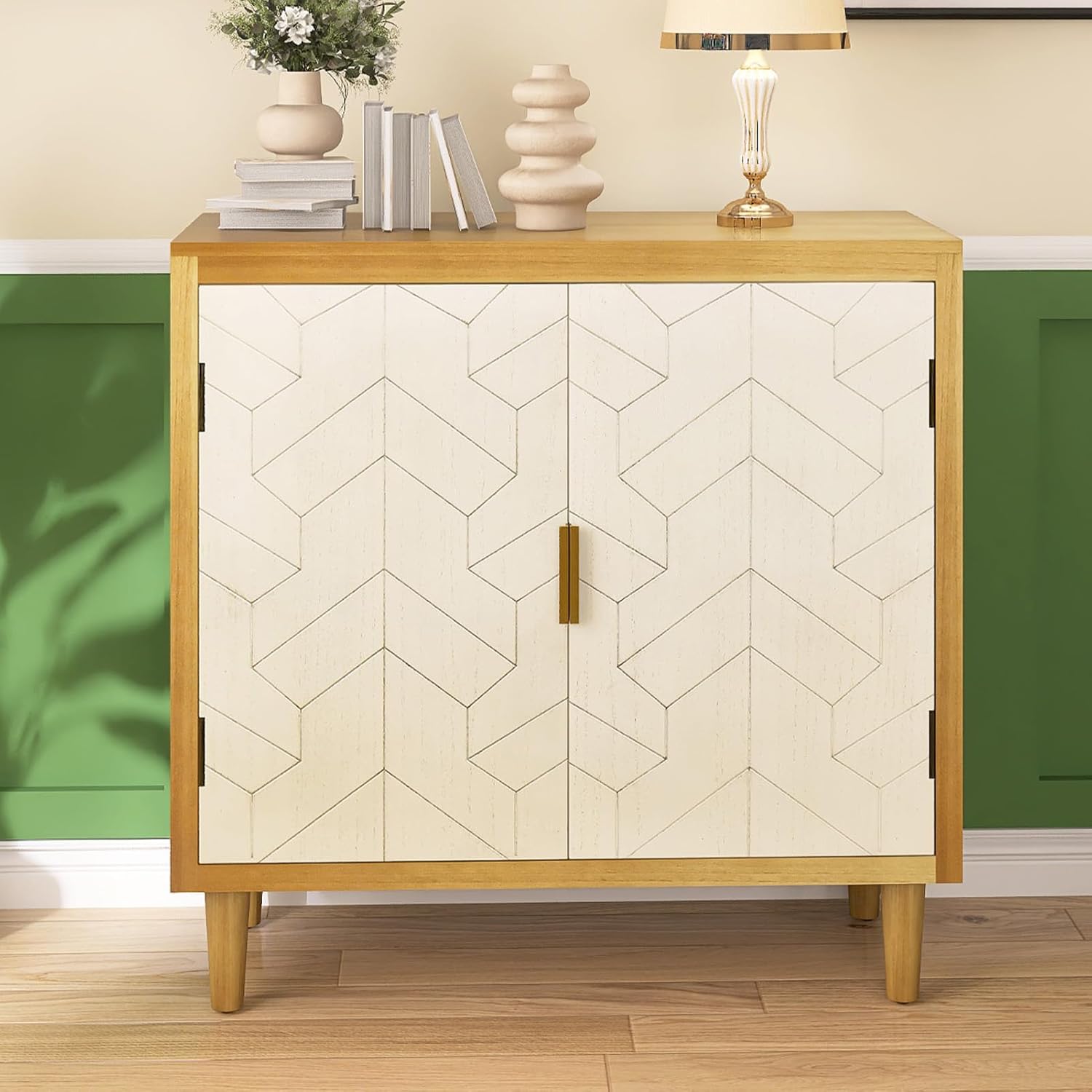 Hand-Carved Sideboard Buffet Cabinet, Storage Cabinet with Solid Pine Legs, Buffet Cabinet with Storage, Coffee Bar Cabinet MDF Accent Cabinet for Living Room, Dining Room, Caramel Oak