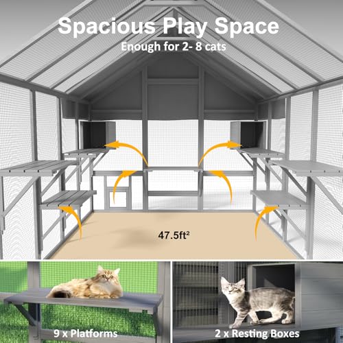 Cat Catio, Large Catio Outdoor Cat Enclosure for Multiple Cats with 7 Platforms, 2 Resting Box and 2 Bridges, Wooden Feral Cats Shelter with Waterproof and UV Proof Canopy, 71 x 71 x 97 inch