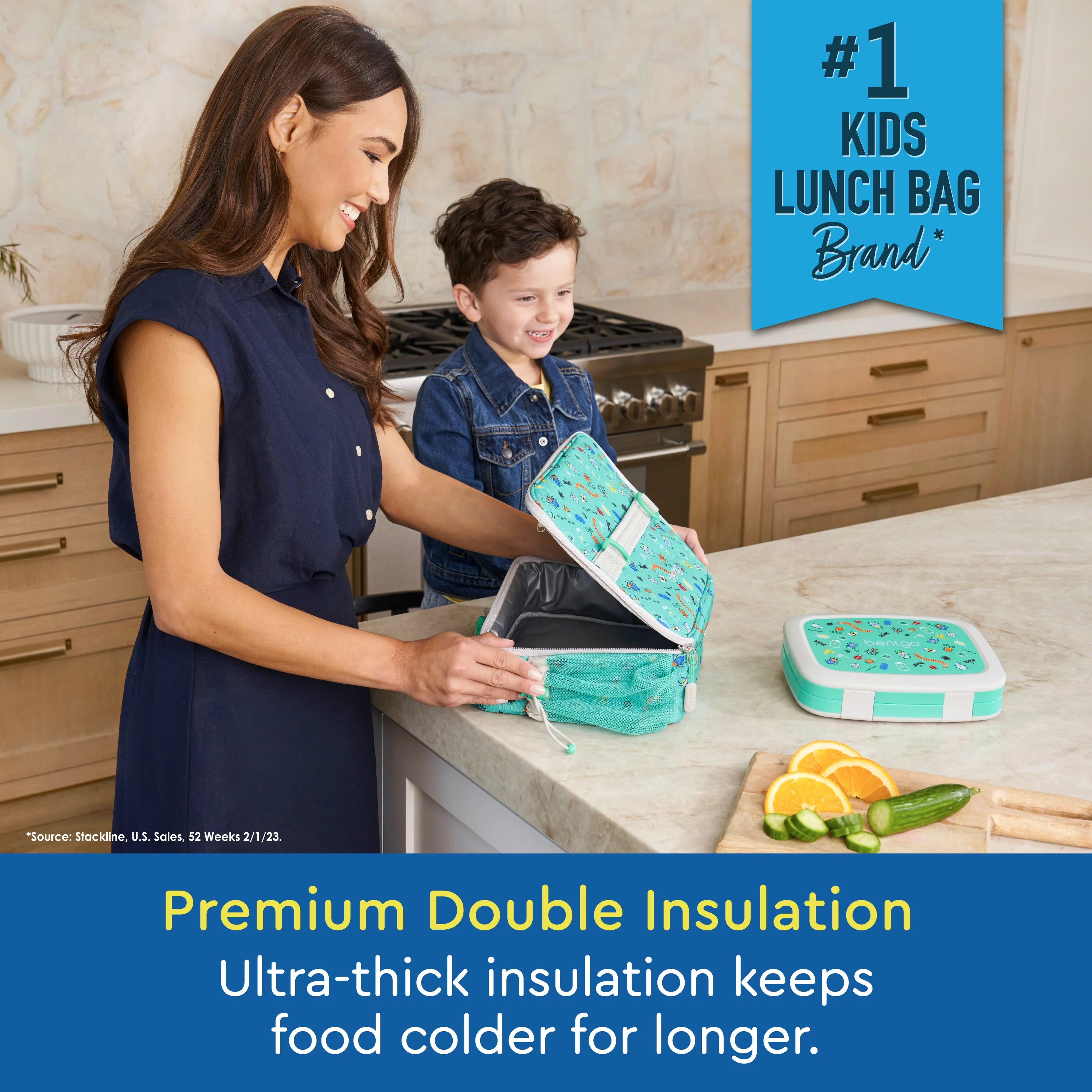 Bentgo® Kids Lunch Bag - Durable, Double Insulated, Water-Resistant Fabric, Interior & Exterior Zippered Pockets, Water Bottle Holder - Ideal for Children 3+ (Bug Buddies)