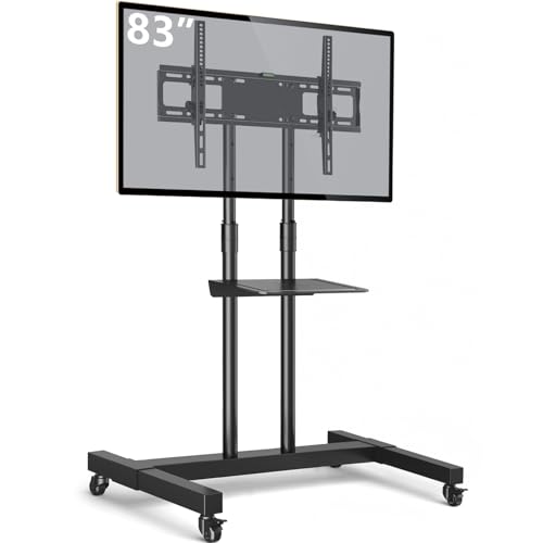 Mobile TV Stand Rolling TV Cart Floor Stand with Mount on Lockable Wheels Height Adjustable Shelf for 32-83 Inch TV Stand Flat Screen or Curved TVs Monitors Display Trolley Loading 110 lbs, White