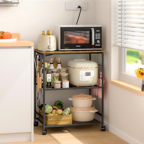 Rolling Kitchen Microwave Cart, 3 Tier Microwave Table Stand with Storage, Kitchen Utility Cart on Lockable Wheels, Small Coffee Cart Shelf Rack Organizer for Living Room Office, Balcony