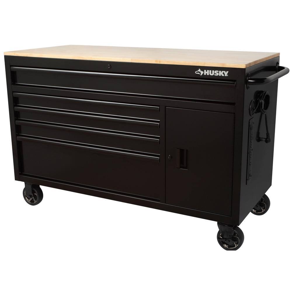 Husky 56 in. W 5-Drawer 1-Door, Deep Tool Chest Mobile Workbench in Gloss Black with Hardwood Top