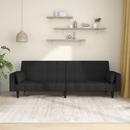 2-Seater Sofa Bed with Two Pillows Black Fabric,Convertible Sleeper Sofa Bed with Comfortable Fabric Upholstery, for Living Rooms and Guest Rooms Sofas & Couches for Living Room