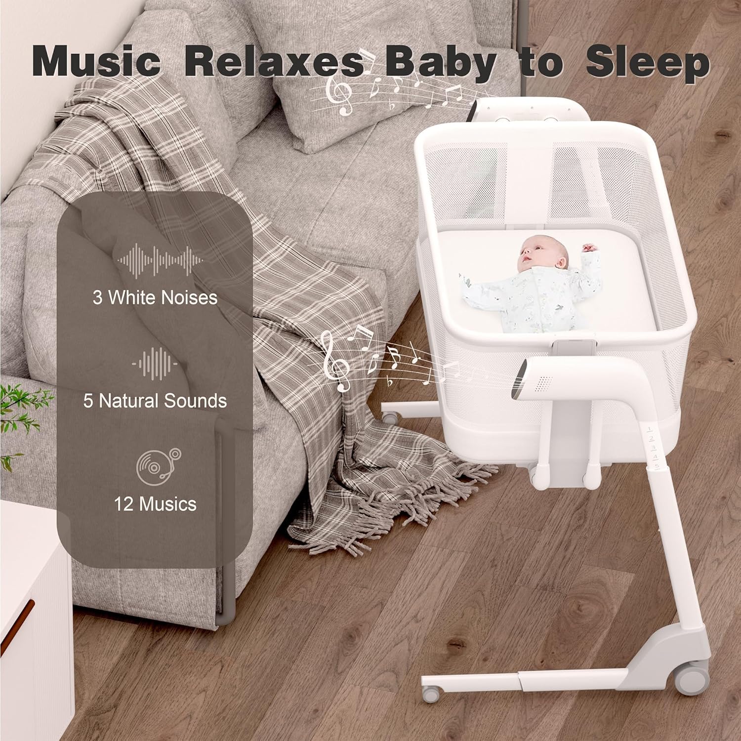Maydolly Baby Bassinet, Smart Newborn Bassinet with Automatic Cry Detection and Response, Rocking Bassinet with Mattress for Newborns and Toddlers (White