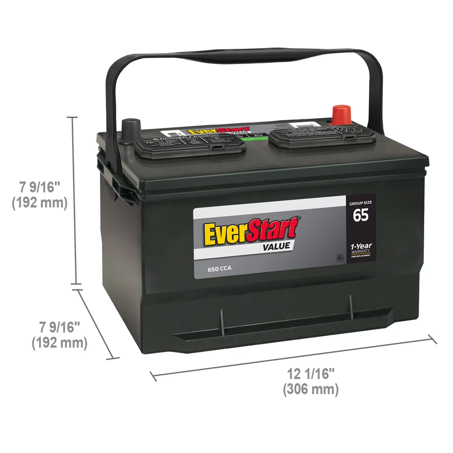EverStart Value Lead Acid Automotive Battery, Group Size 65 12 Volts, 650 CCA