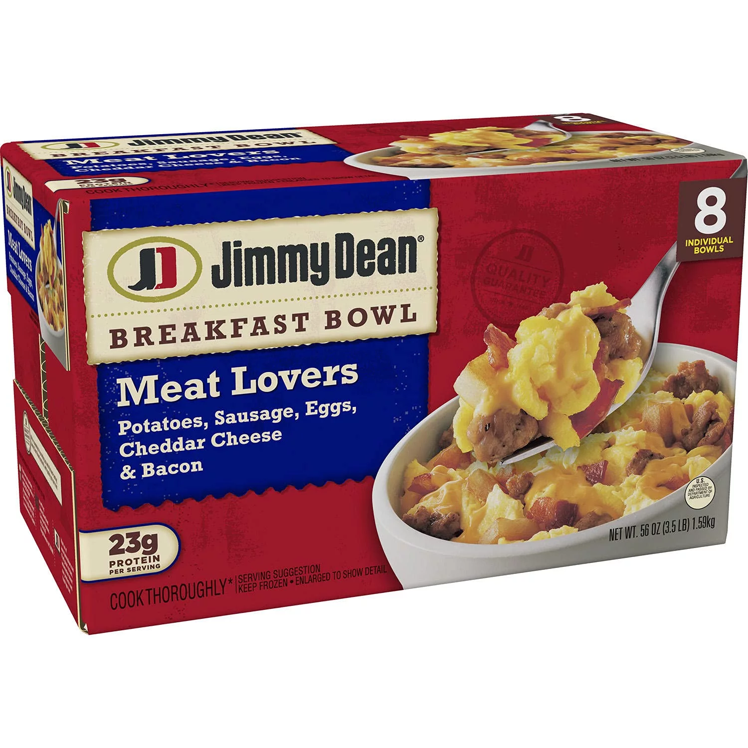 Jimmy Dean Meat Lovers Breakfast Bowls - 3 Boxes (8 Bowls Each, 24 Bowls Total) - Potatoes, Sausage, Eggs, Cheddar Cheese and Bacon - Frozen Meal