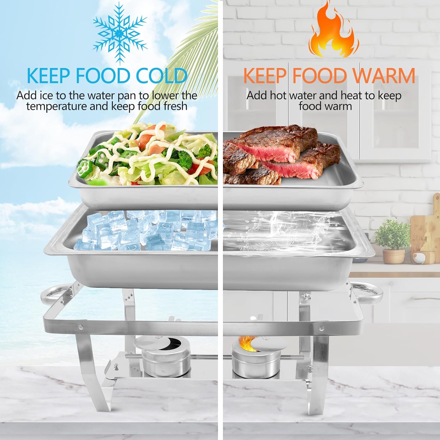 8 Qt 4 Pack Full Size Stainless Steel Chafing Dishes Buffet Set, Silver Rectangular Catering Chafer Warmer Set with Trays Pan Lid Folding Frame Stand for Kitchen Party Banquet Dining