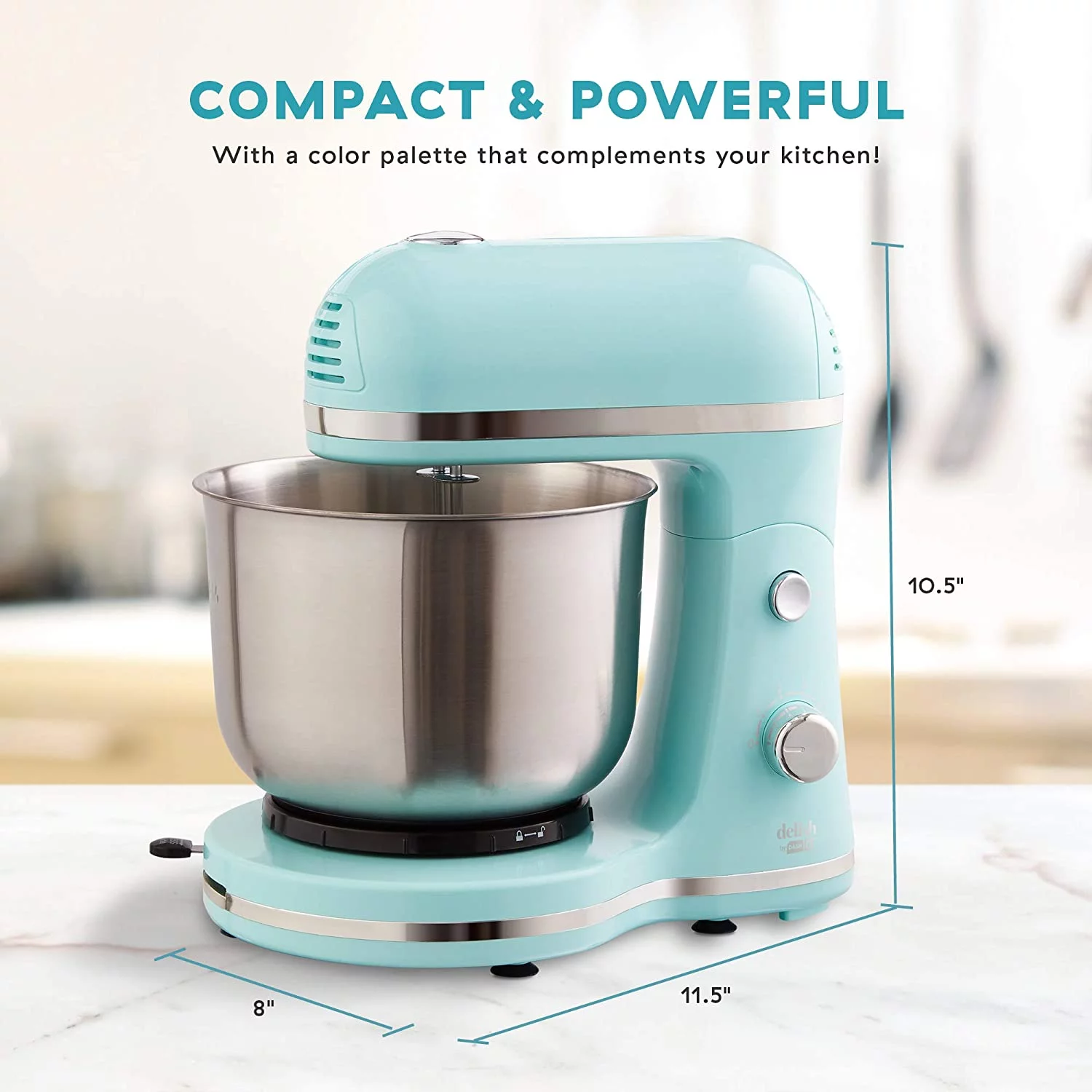 Delish by Dash Compact Stand Mixer 3.5 Quart with Beaters & Dough Hooks Included - Aqua, Blue (DCSM350GBBU02)
