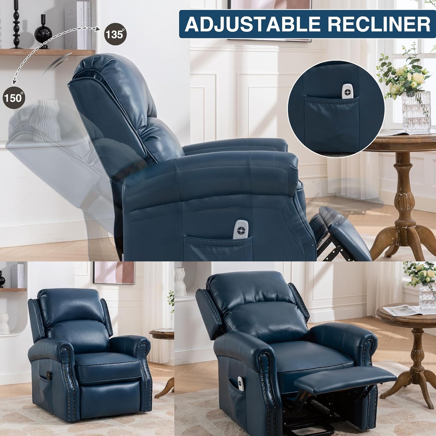 Electric Power Lift Faux Leather Recliner Side Pocket for Storage Chair, Navy Blue