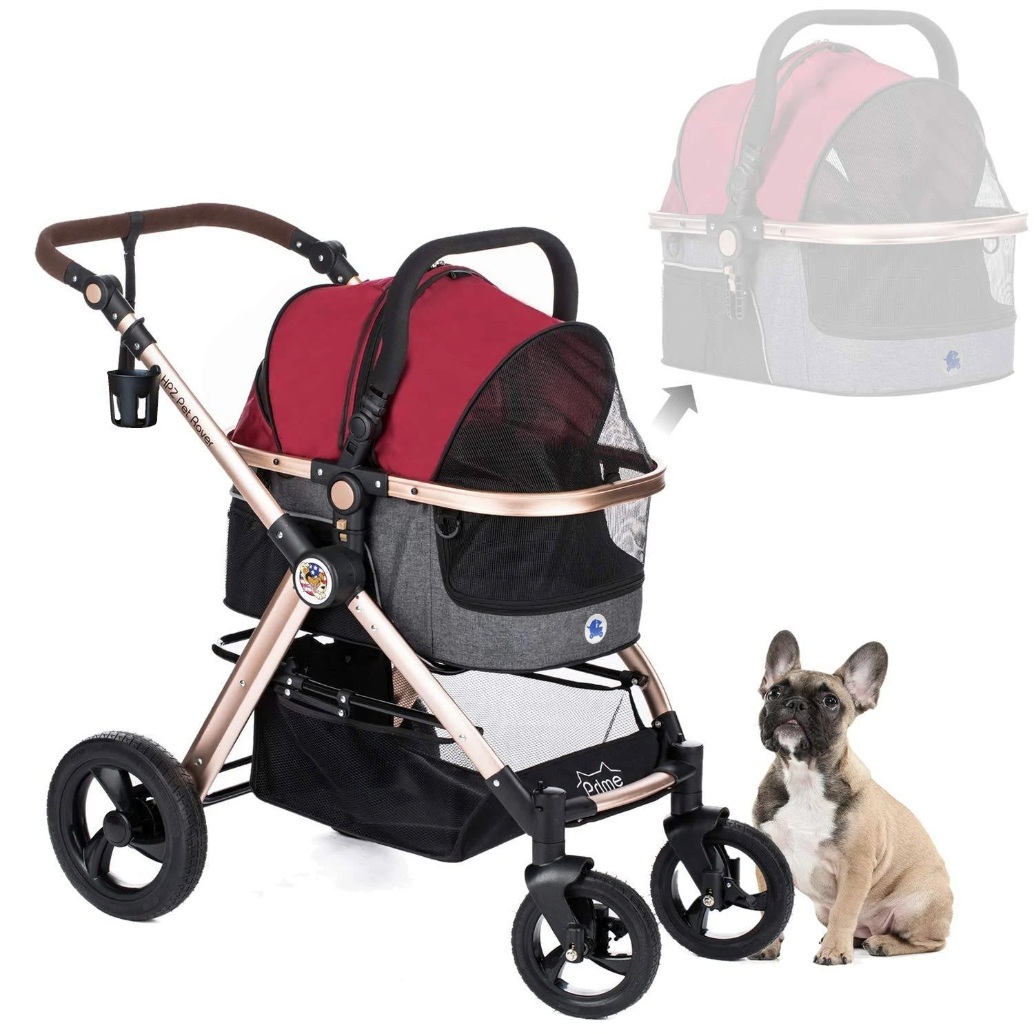 HPZ Pet Rover Prime 3-in-1 Luxury Dog/Cat/Pet Stroller (Travel Carrier +Car Seat +Stroller) w/Detach Carrier/Pump-Free Rubber Ti