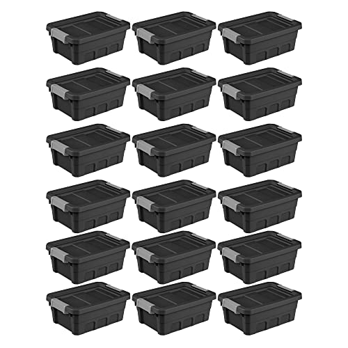 Sterilite 4 Gallon Plastic Stacker Tote, Heavy Duty Lidded Storage Bin Container for Stackable Garage and Basement Organization, Black, 6-Pack