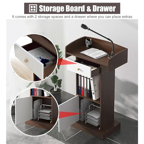 Lectern Podium Stand, Floor Standing Podiums Reception Desk with Drawer Wooden Speaking Podium for School/Restaurants/Classroom Hotel Meeting Rooms (Brown)