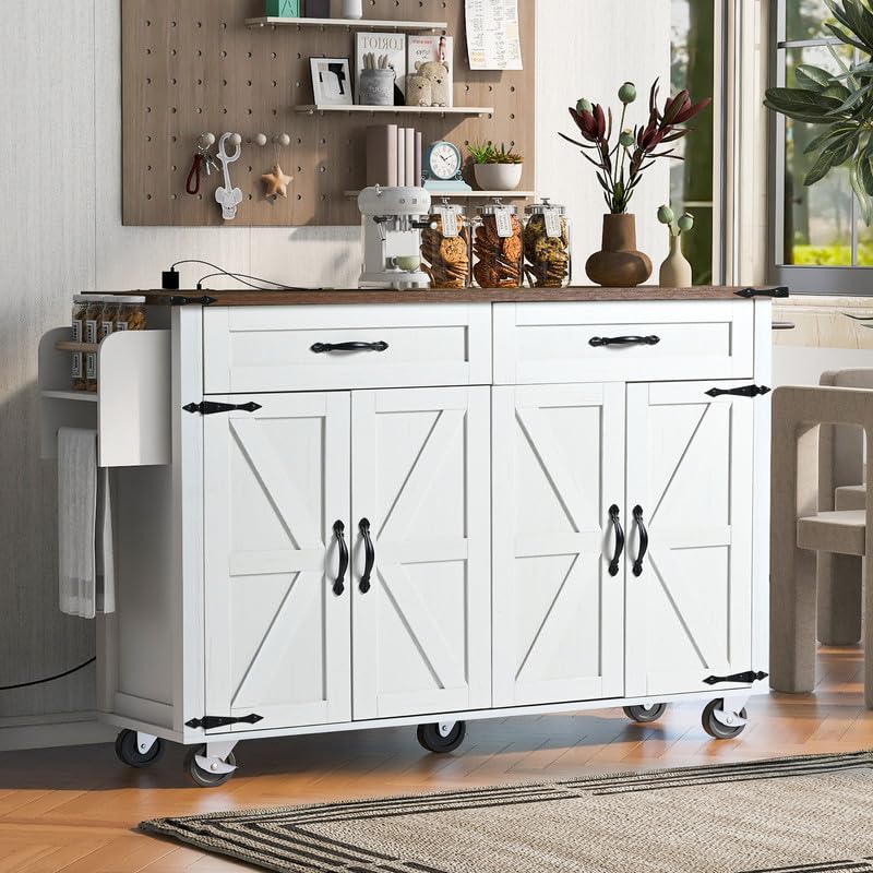 53.5''Farmhouse Kitchen Island with Power Outlet, Kitchen Storage Island with Drop Leaf, Spice Rack and Drawer, Rolling Kitchen Cart on Wheels, for Home, Kitchen and Dining Room