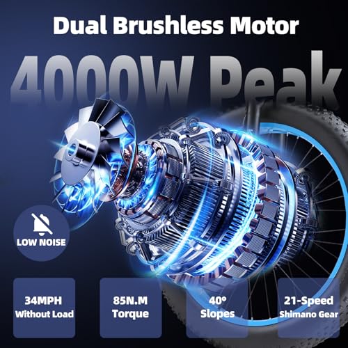 Electric Bike for Adults, 4000W Peak Power 26” Fat Tire Ebike, 34MPH AWD Dual Motor Electric Bicycles, 48V 23AH Removable Battery Fast Dual Hydraulic Brakes Electric Mountain Bike