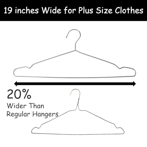 Extra Wide Wire Hangers for Plus Size Clothes, 19 Inch Stainless Steel Plus Size Hangers Ideal for XL, XXL Shirts, Coats, Dresses, Etc. Silver. 40pk.