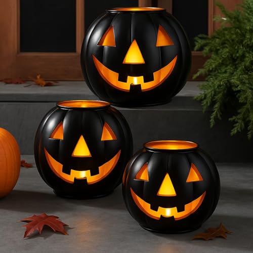 3 Sets Halloween Metal Jack O Lanterns Pumpkin with 3 LED Candles with Black Creepy Cloth Decoration Bundle Rustic Indoor and Outdoor Decor