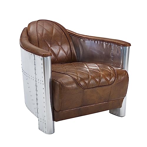 Volans Mid Century Modern Genuine Leather Accent Arm Chair with Vintage Aluminum Patchwork, Lightbrown