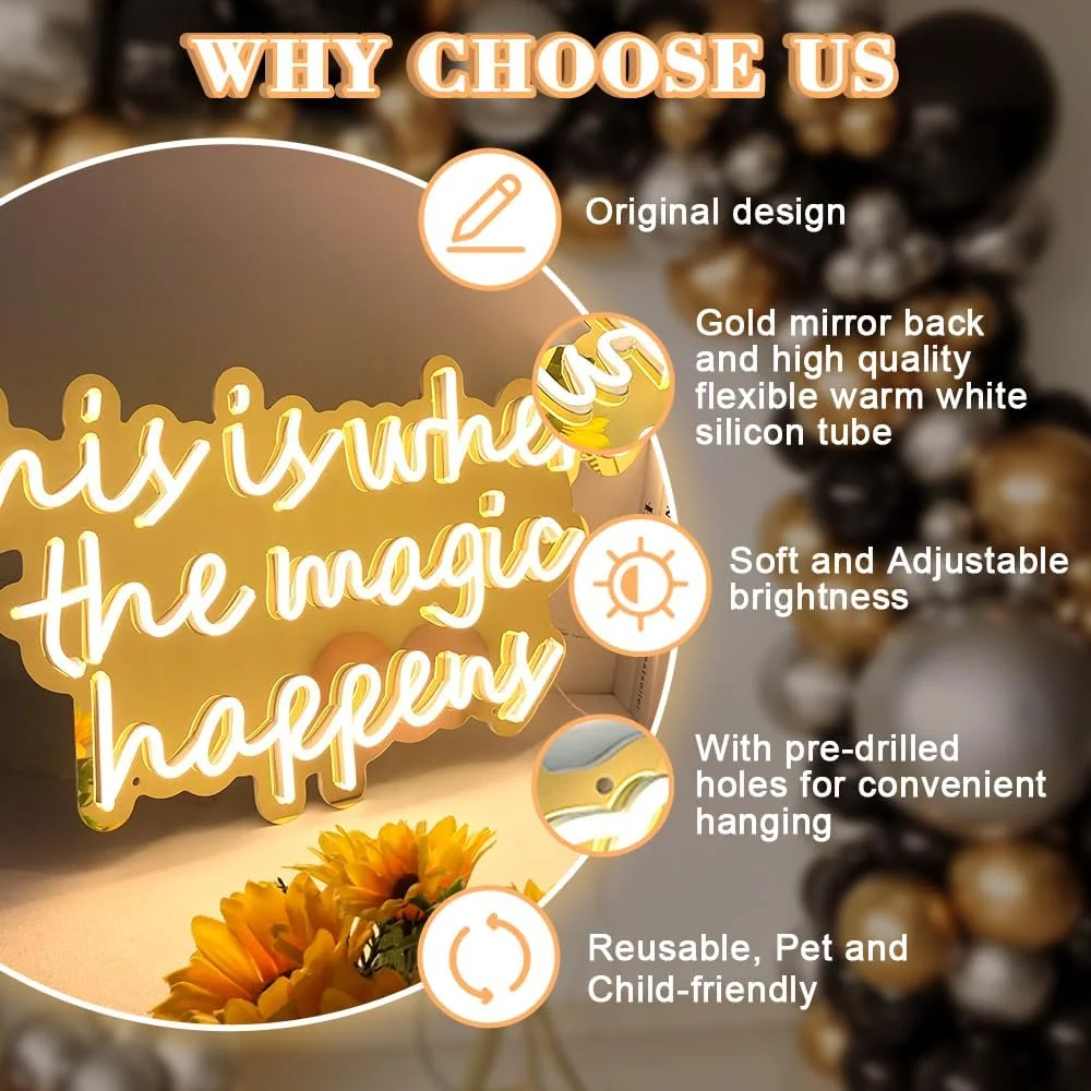 This Is Where The Magic Happens Neon Sign 24x12“, Large LED Neon Signs for Wedding Backdrop Bachelorette Birthday Gifts, Neon Lights with Gold Mirror Backing for Bar, Salon, Lash, Nail Room