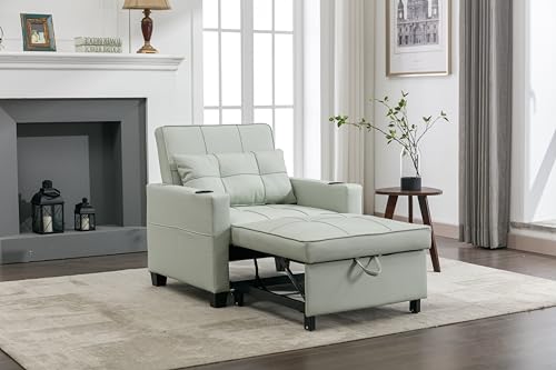 Sleeper Sofa Bed 3-in-1 Convertible Pull Out Couch Wear-resistant Armchair Single Recliner with USB Ports Cup Holders Living Room Furniture for Reading Resting Sleeping Gaming (Blue Tech Cloth)